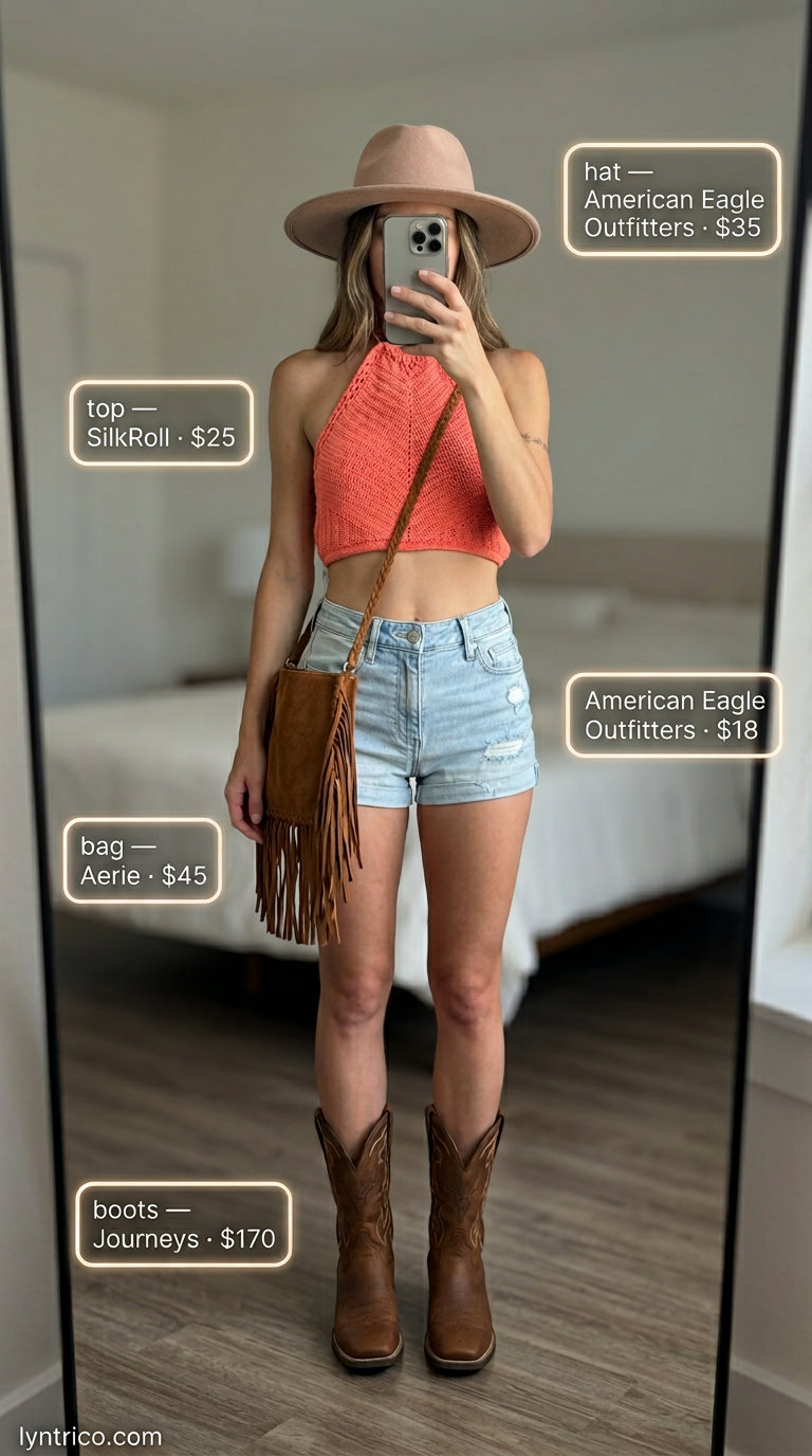 Coral crochet halter top with denim shorts for festival outfits 2026. Playful, free-spirited style.