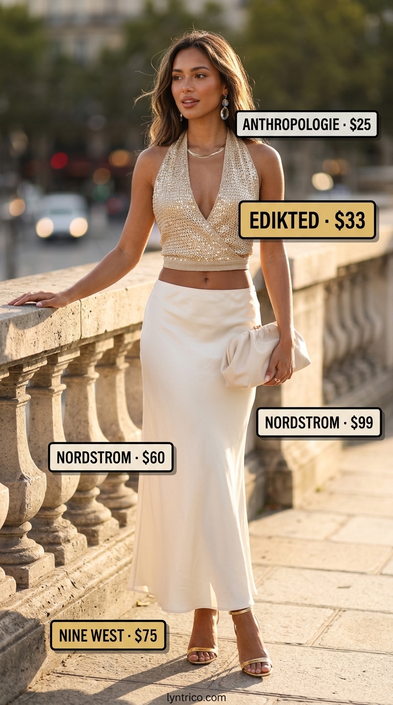 Gold metallic crochet halter top with satin maxi skirt for glamorous event outfits 2026. Radiant, sophisticated style.