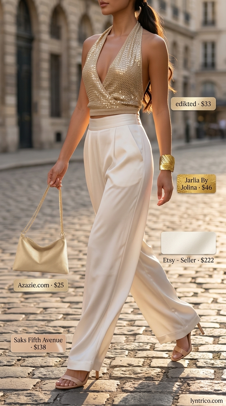Gold metallic crochet halter top with palazzo pants for glamorous evening outfits 2026. Chic, sophisticated style.