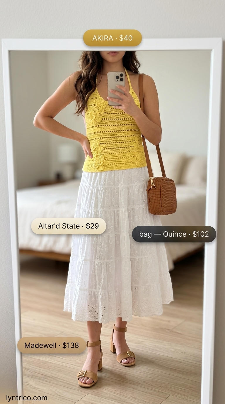 Crochet summer halter top outfits 2026: Mustard yellow crochet halter top with cream midi skirt and brown suede sandals for a boho look.