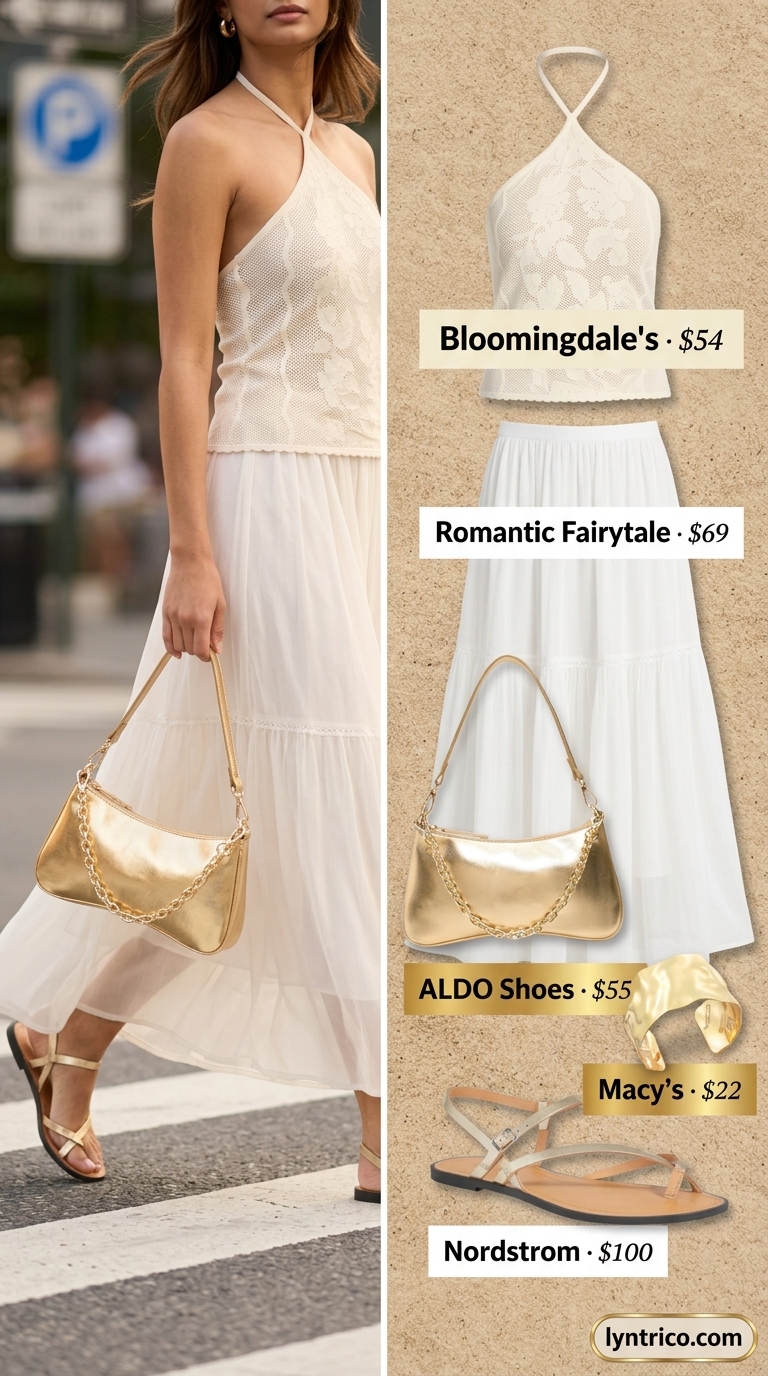 Crochet summer halter top outfits 2026: White crochet halter top with ivory maxi skirt and gold strappy sandals for a Grecian vibe.