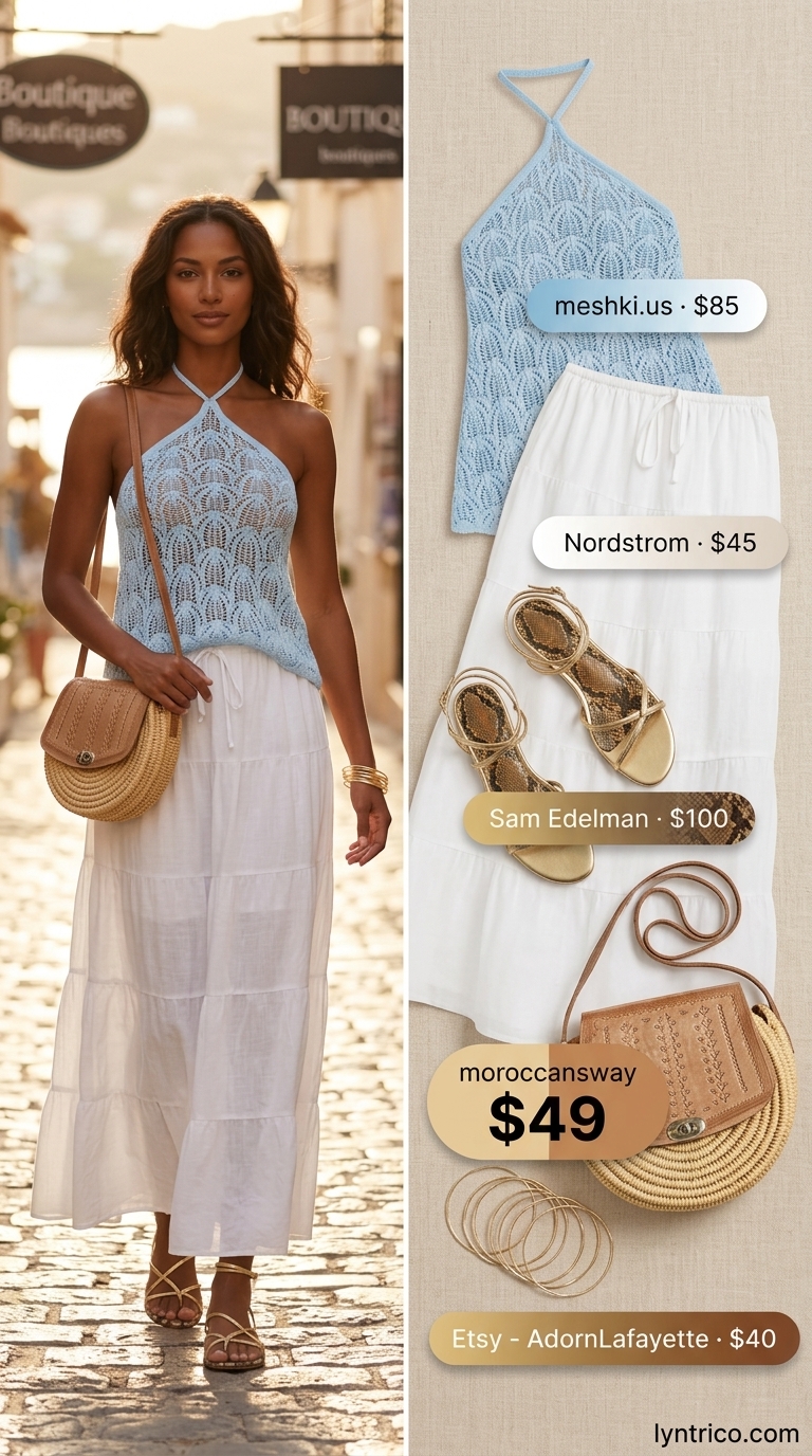 Sky blue crochet halter top outfit with tiered maxi skirt for resort. Crochet summer halter top outfits 2026.