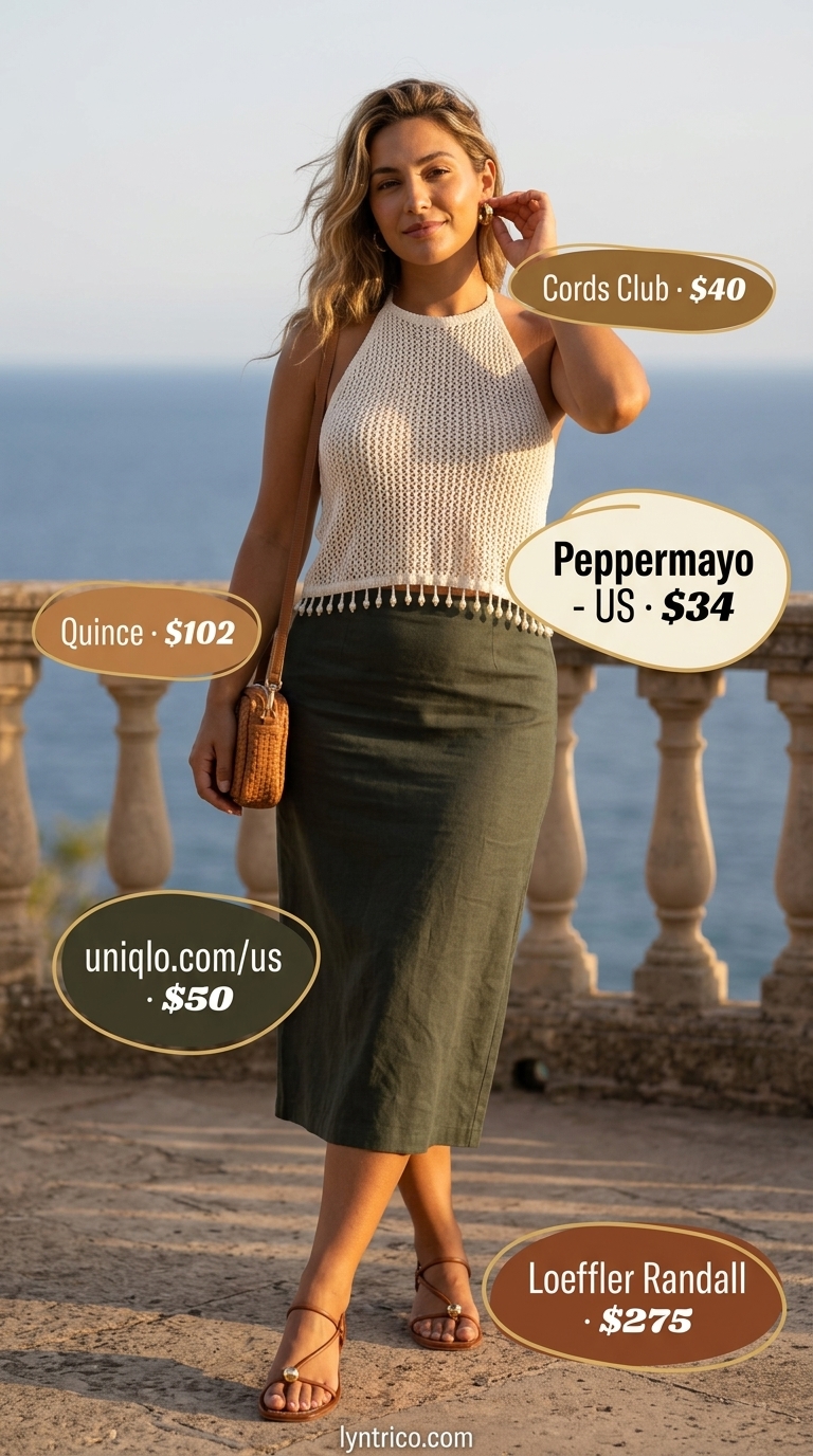 Cream crochet halter top with olive green midi skirt for European summer outfits 2026. Sophisticated, relaxed style.