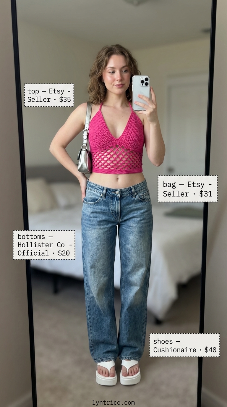 Hot pink crochet halter top Y2K outfit with low-rise denim jeans. Crochet summer halter top outfits 2026.