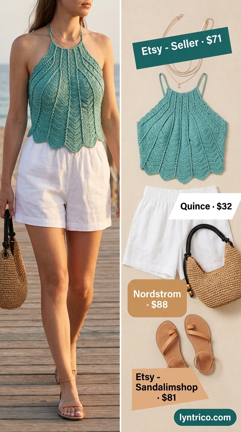 Crochet summer halter top outfits 2026: Seafoam green crochet halter top with white linen shorts and tan slide sandals for coastal style.