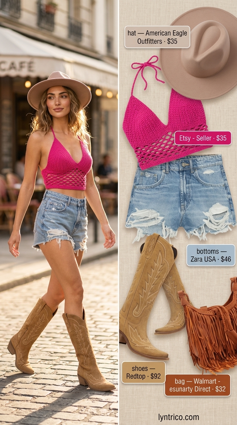 Crochet summer halter top outfits 2026: Fuchsia crochet halter top with distressed denim shorts and cowboy boots for festival fun.