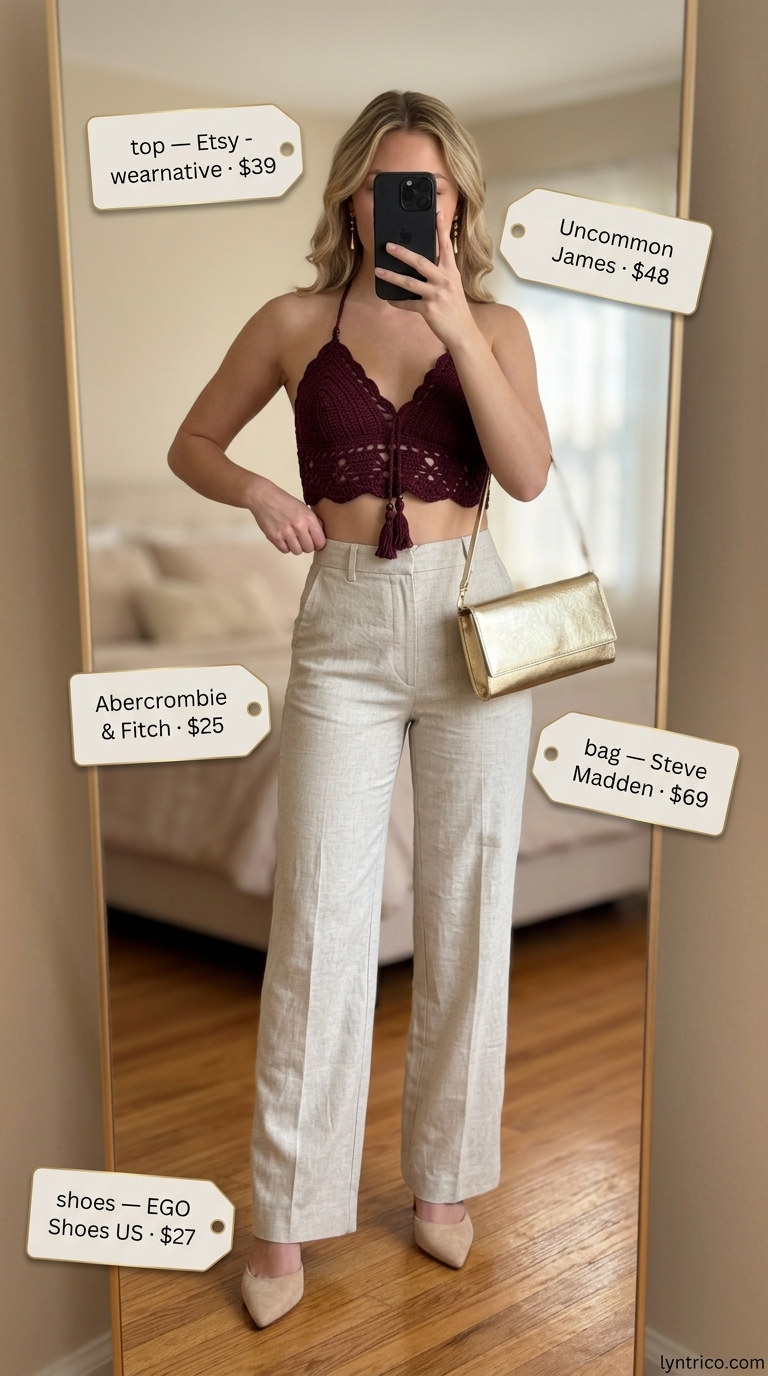 Burgundy crochet halter top outfit with cream trousers for evening event. Crochet summer halter top outfits 2026.
