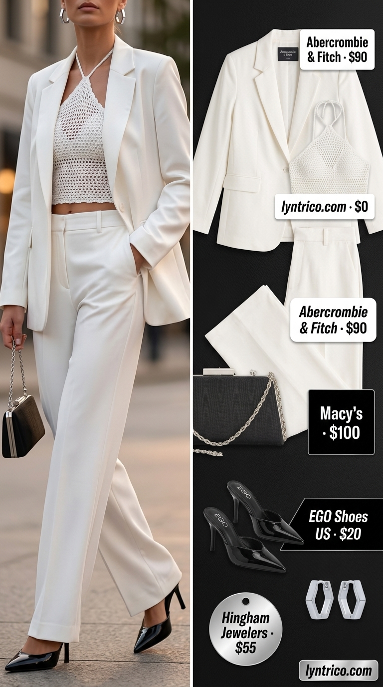 Black crochet halter top with tailored trousers for sophisticated evening outfits 2026. Edgy, modern style.