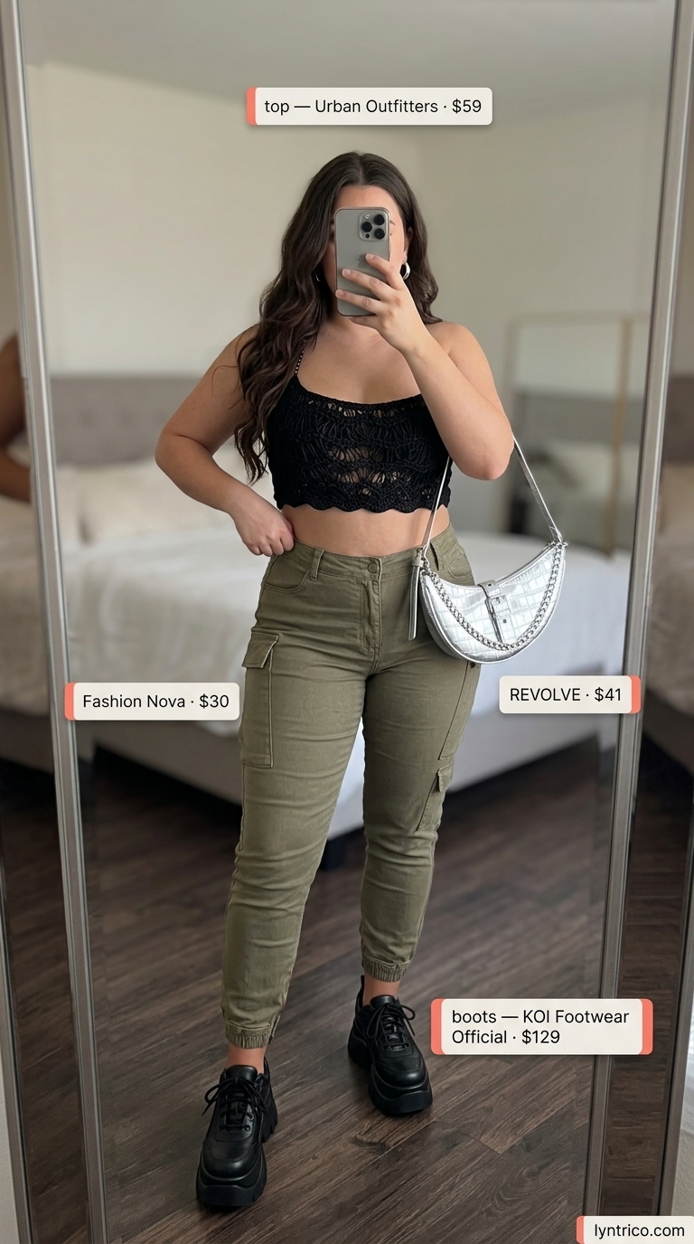 Crochet summer halter top outfits 2026: Black crochet halter crop top with olive cargo pants and chunky sneakers for urban style.