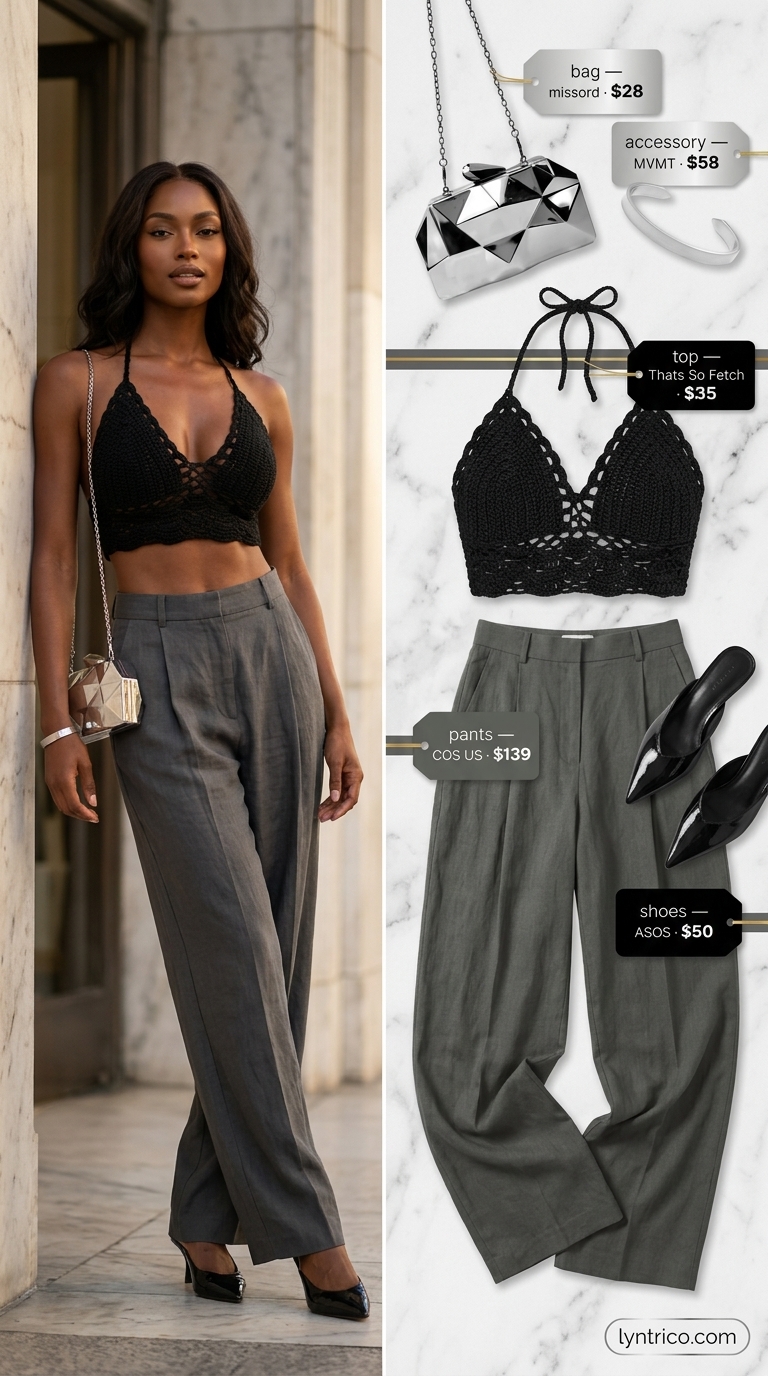 Black crochet halter top outfit with wide-leg trousers for city evening. Crochet summer halter top outfits 2026.