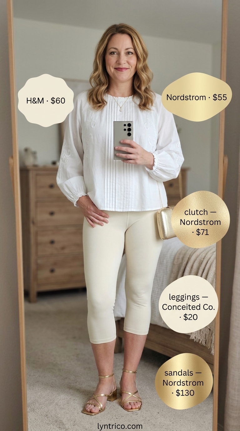 Chic cropped legging outfits summer for women 2026: Cream leggings, white blouse, gold heels and clutch for evening.