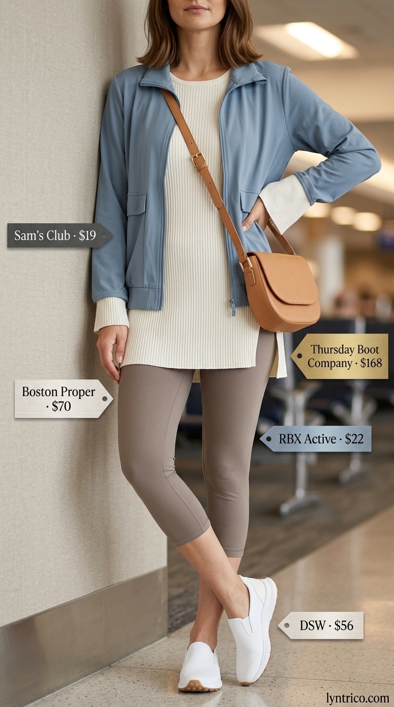 Stylish cropped legging outfits summer for women 2026: Beige leggings, white tunic, light blue jacket for travel.