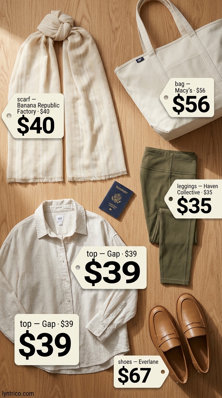 Comfortable cropped legging outfits summer for women 2026: Olive leggings, beige linen shirt, loafers for travel.