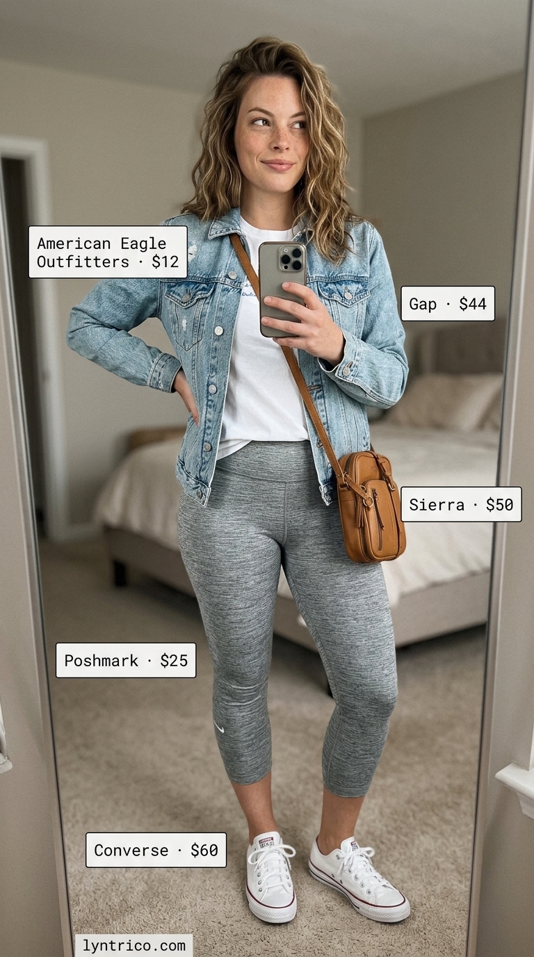 Casual cropped legging outfits summer for women 2026: Grey leggings, white tee, denim jacket, crossbody bag for weekend errands.