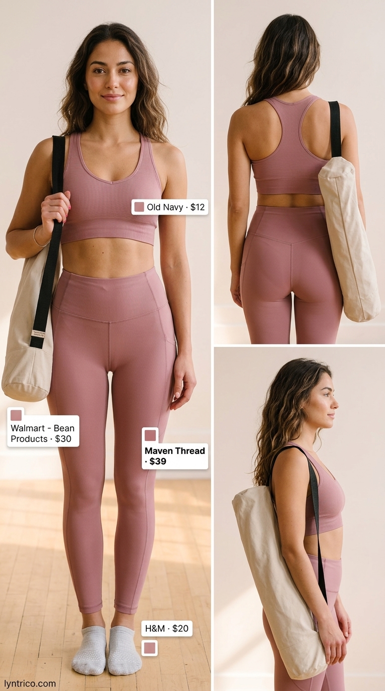 Calm cropped legging outfits summer for women 2026: Dusty rose leggings, beige bra, white tank for yoga.