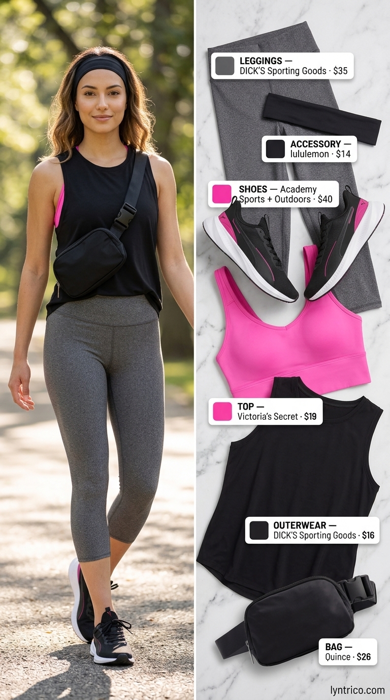 Women's cropped legging outfits summer 2026: Charcoal grey leggings, pink sports bra, black tank for gym & running.