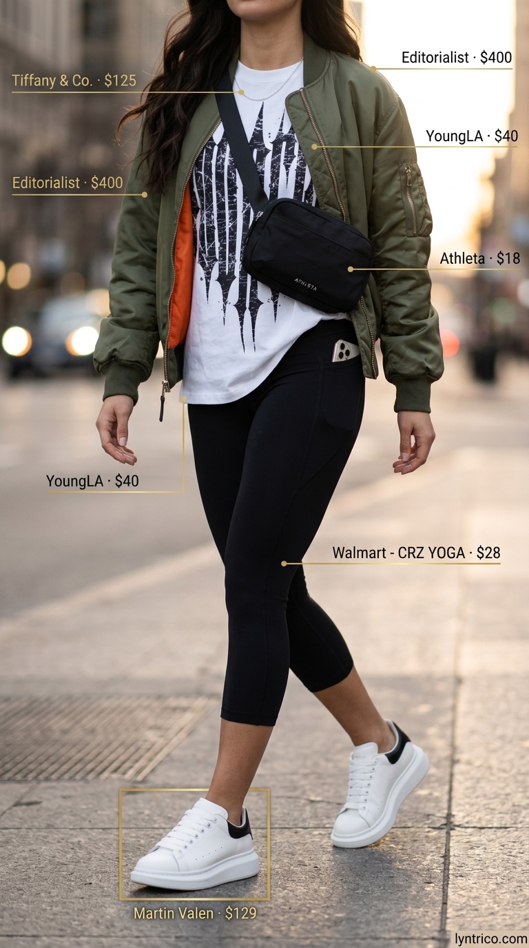 Summer cropped legging outfits for women 2026: Black leggings with a graphic tee, olive bomber jacket, and chunky sneakers.