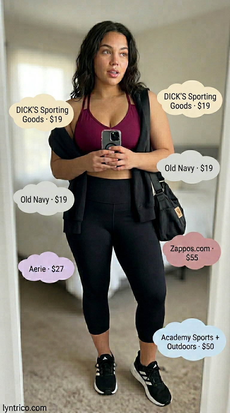 Summer cropped legging outfits for women 2026: Black leggings, burgundy sports bra, and black hoodie for gym style.