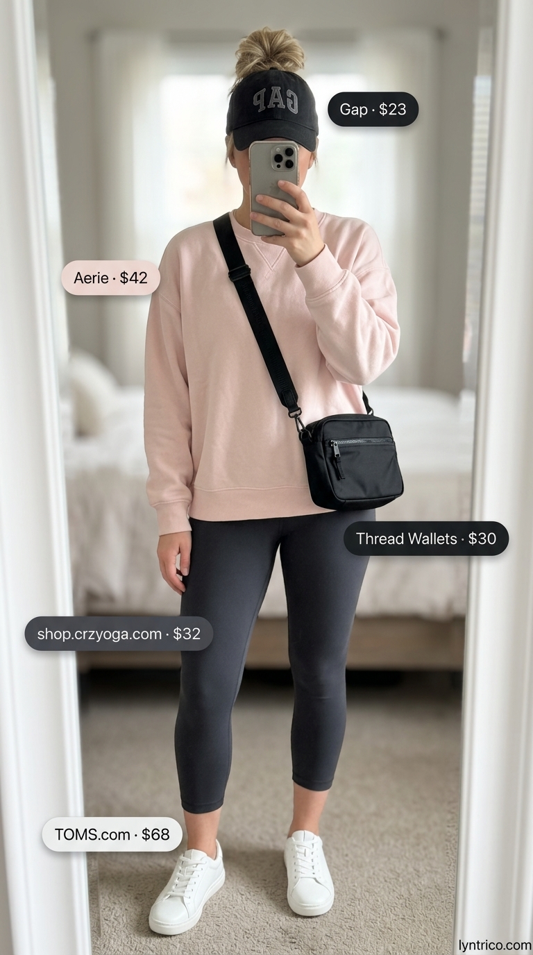 Summer cropped legging outfits for women 2026: Charcoal grey leggings with a blush pink sweatshirt and white sneakers.
