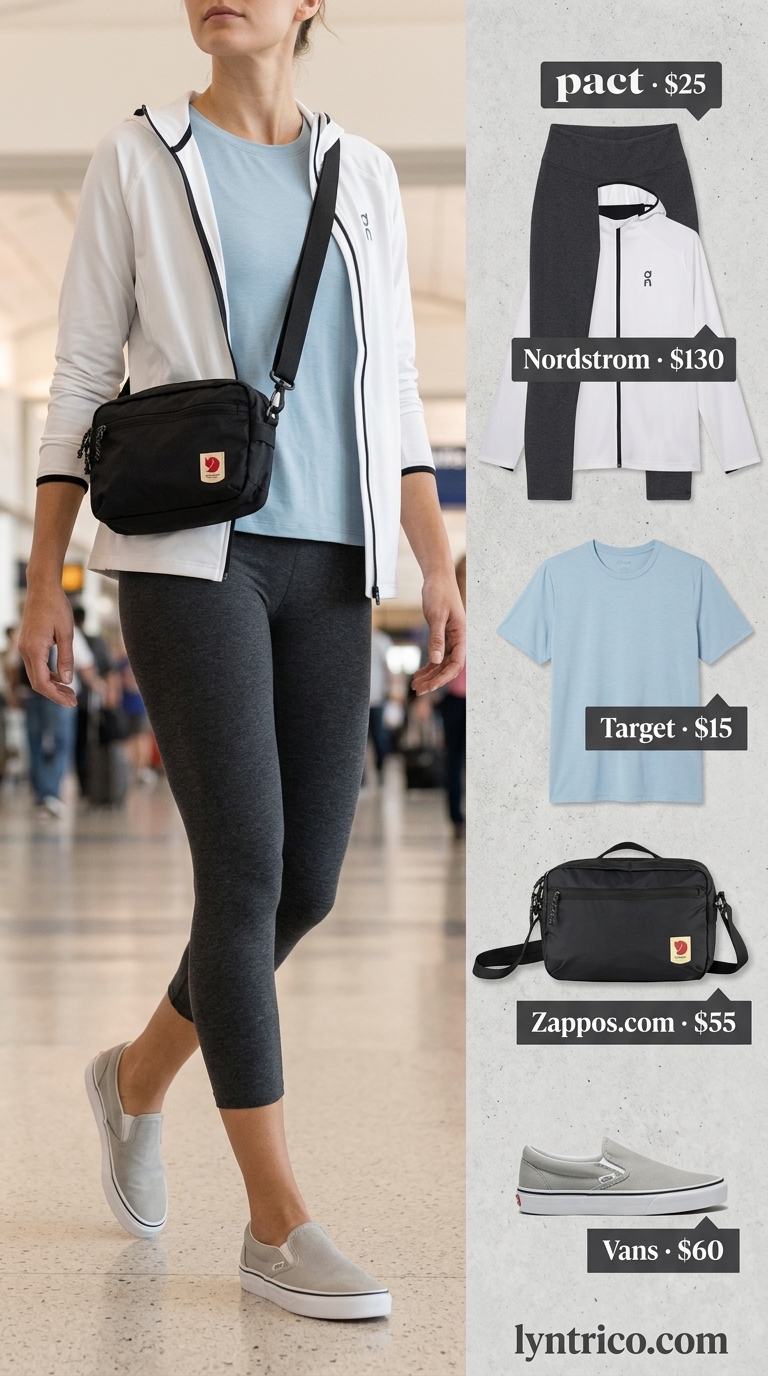 Summer cropped legging outfits for women 2026: Charcoal grey leggings with a light blue tee, grey hoodie, and slip-on sneakers.