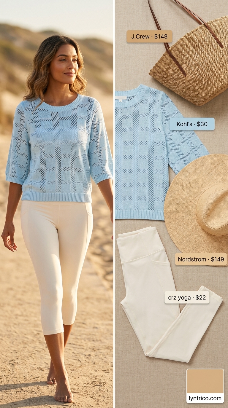 Summer cropped legging outfits 2026: Cream leggings, sky blue sweater, straw hat for beach day.