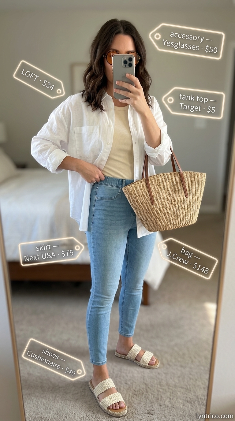 Women's cropped legging outfits summer 2026: Denim blue leggings, white linen shirt, straw tote for beach.