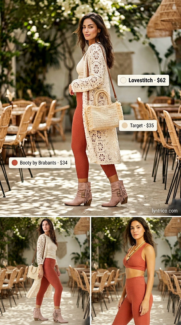 Boho summer cropped legging outfits 2026: Terracotta leggings, crochet cardigan, fringe bag.