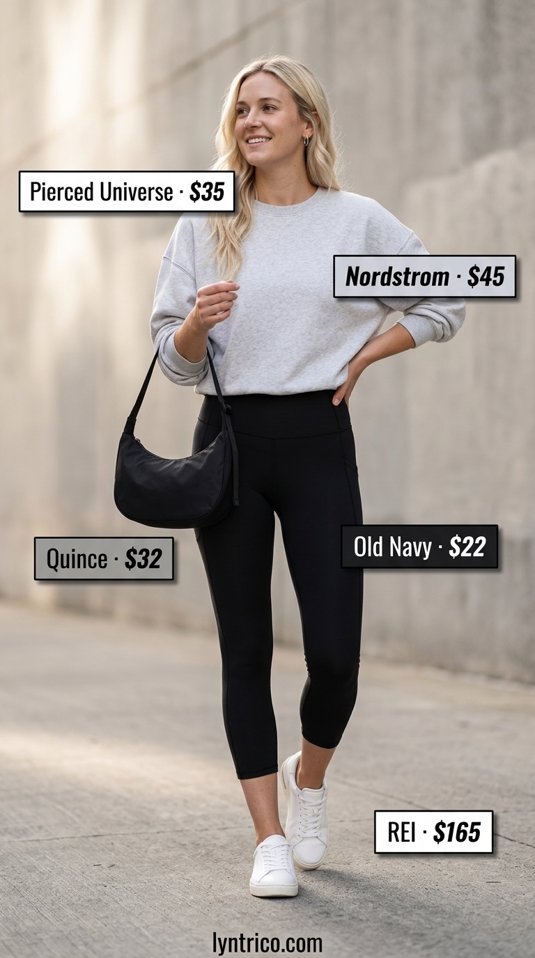 Summer cropped legging outfits for women 2026: Light grey sweatshirt with black leggings and white sneakers for a sporty vibe.