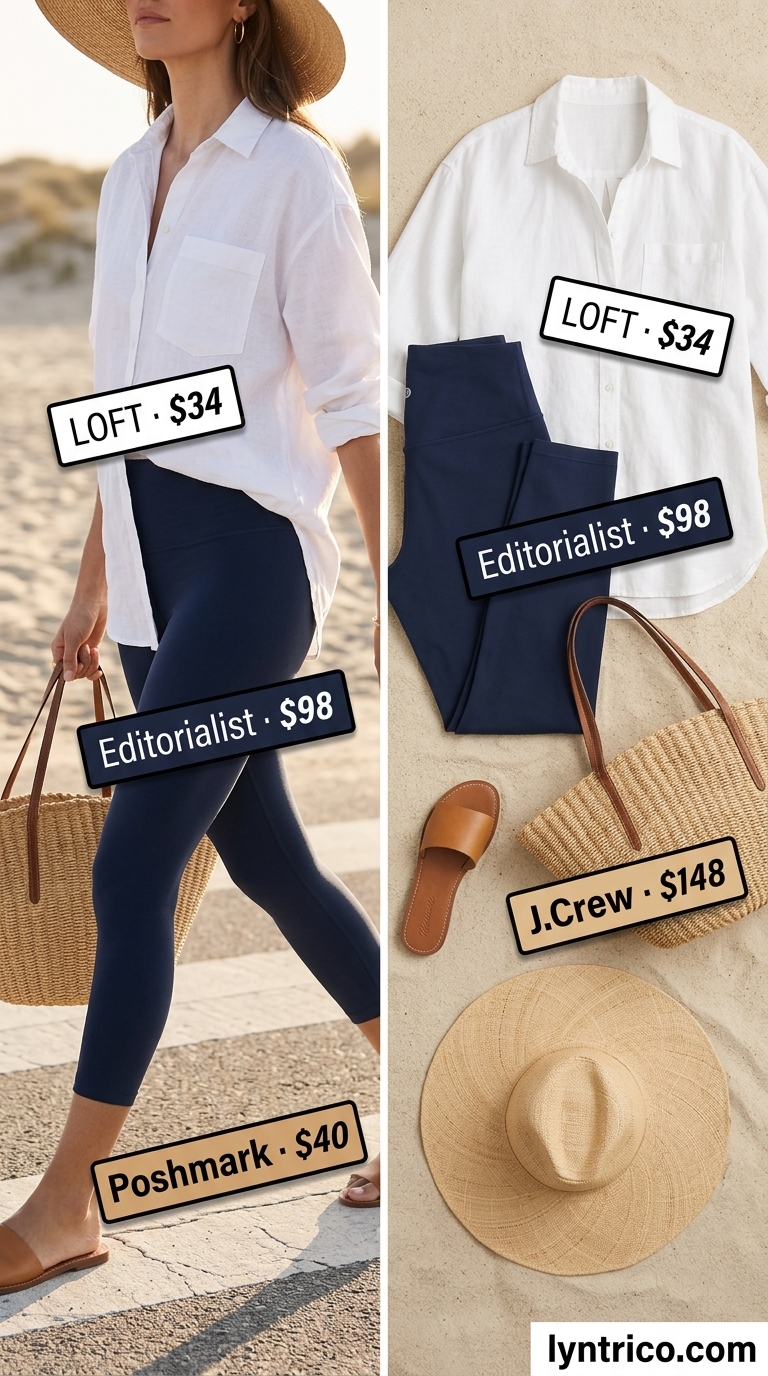 Summer cropped legging outfits for women 2026: Navy leggings with an oversized white linen shirt and straw accessories.