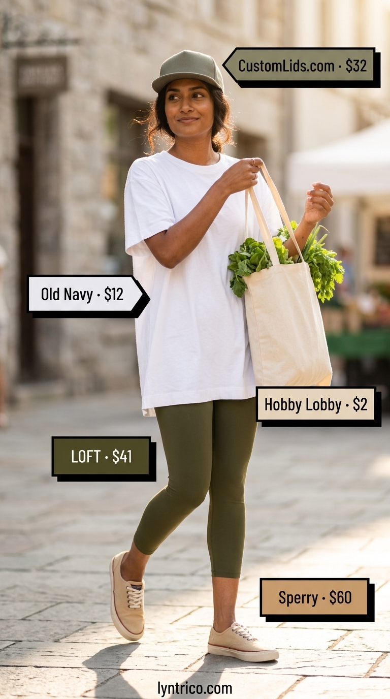 Casual summer cropped legging outfits for women 2026: Olive green leggings with an oversized white tee and tan accessories.