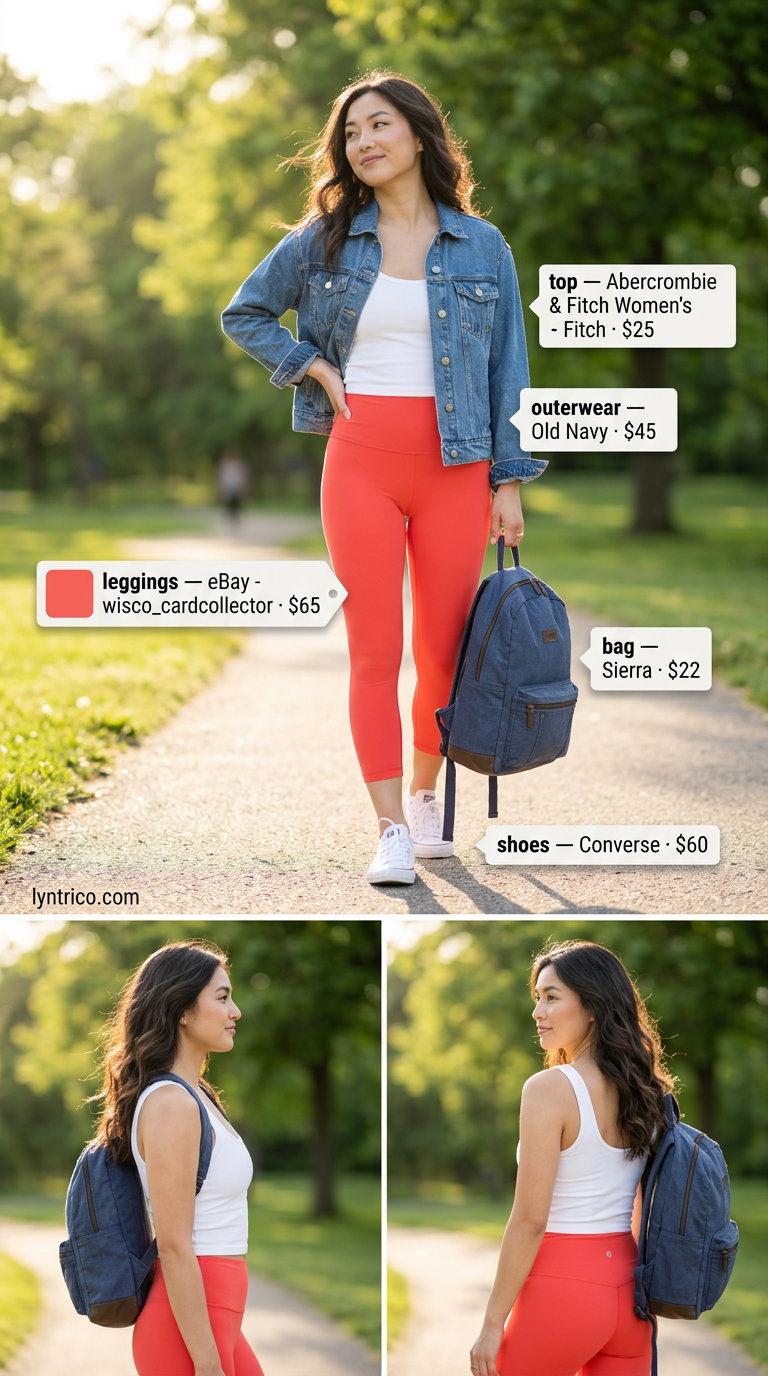 Playful summer cropped legging outfits 2026: Coral leggings, denim jacket, canvas sneakers for park.