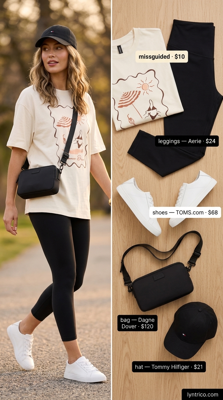 Urban athleisure cropped legging outfits summer 2026: Black leggings, graphic tee, sneakers for brunch.