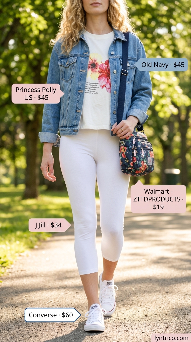 Summer cropped legging outfits for women 2026: White leggings with a pink graphic tee, denim jacket, and canvas sneakers.