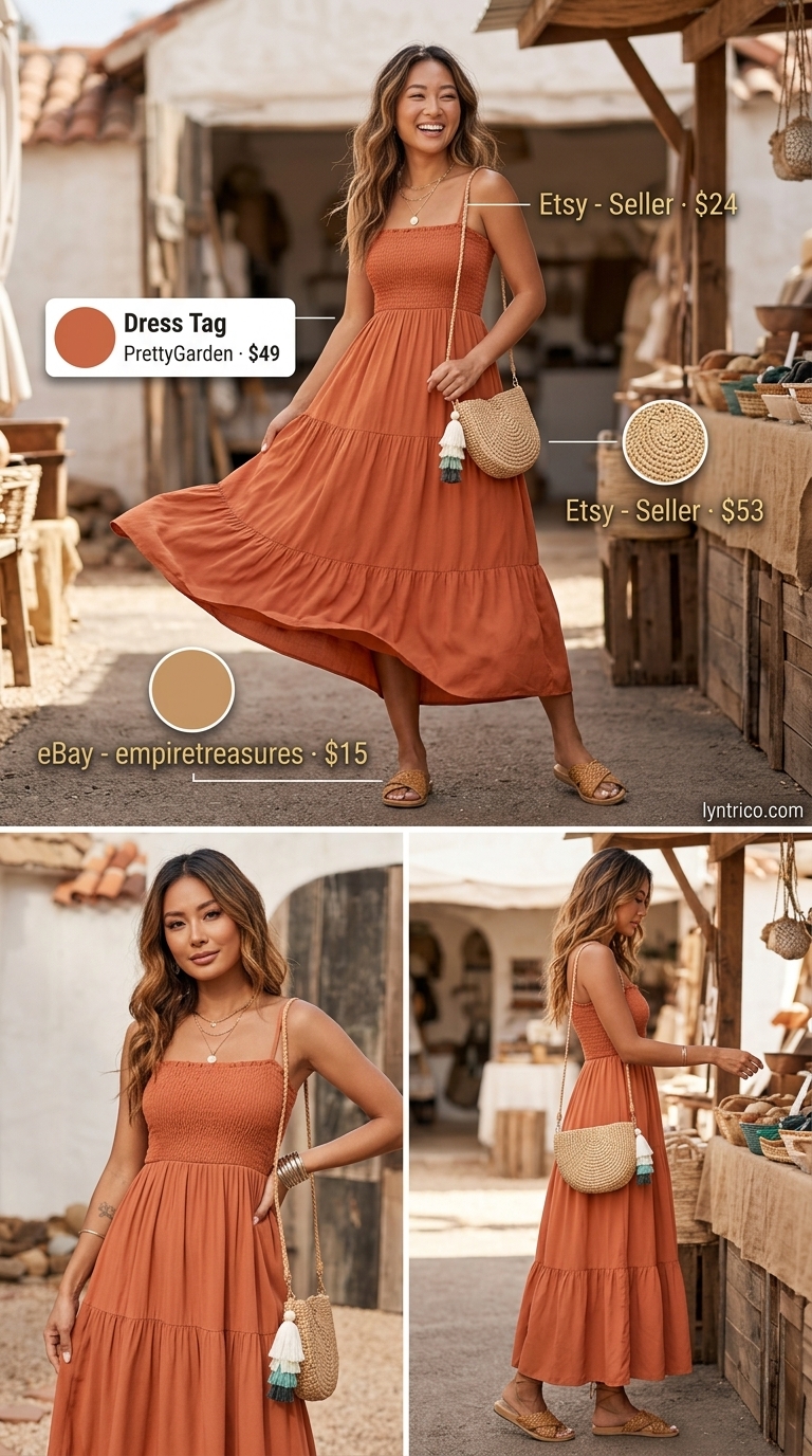 Boho maxi dress outfit for cute casual summer outfits for women 2026. Terracotta dress, straw hat, sandals.