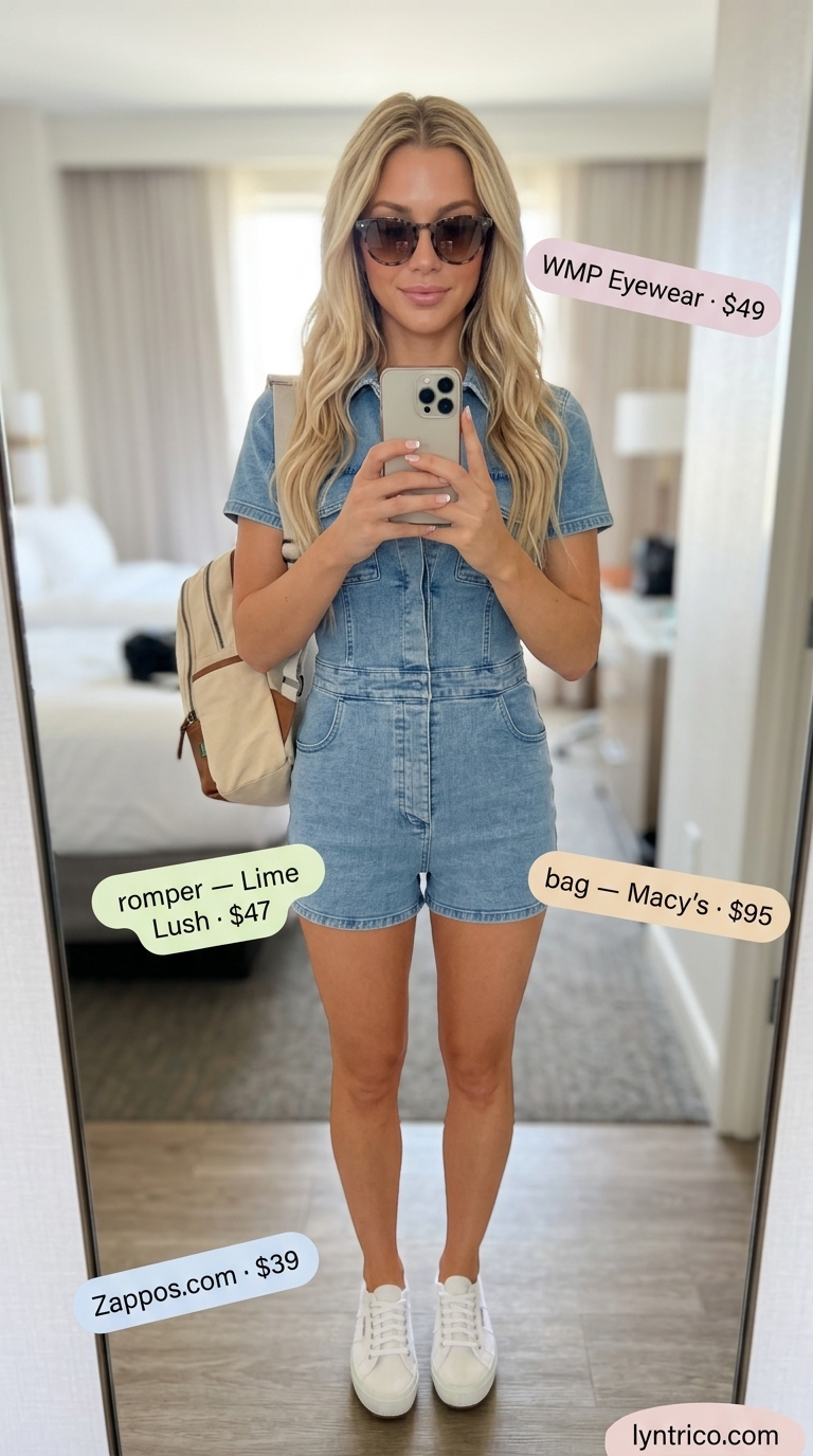 Cute casual summer outfits for women 2026: Denim romper, white sneakers, brown belt, sunglasses, canvas backpack for a day out.