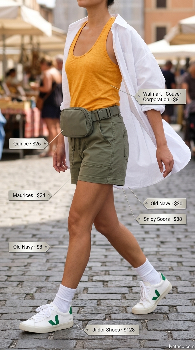 Cute casual summer outfits for women 2026: Khaki cargo shorts, green tank, white button-down, chunky sneakers, belt bag for outdoors.