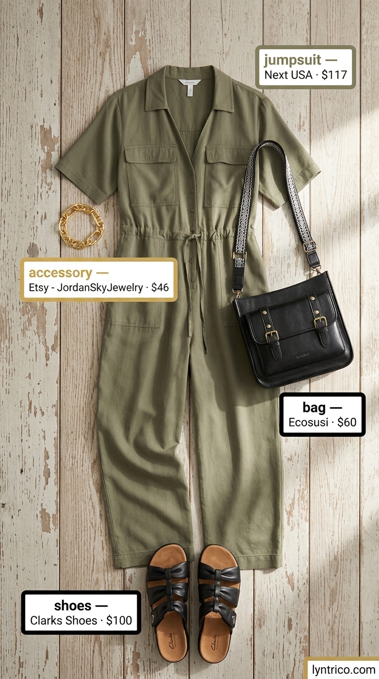 Khaki utility jumpsuit for cute casual summer outfits for women 2026. Weekend getaway style with slide sandals.