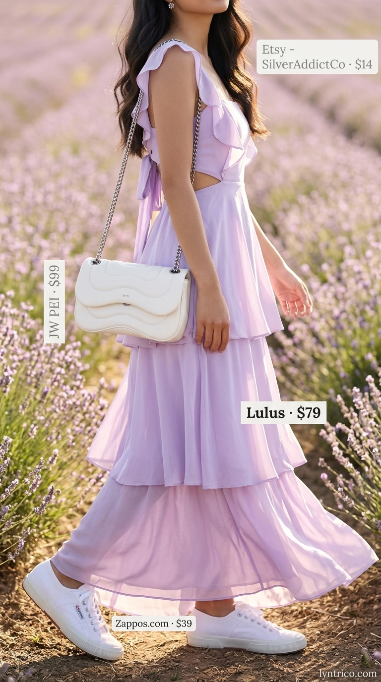 Lavender maxi dress for cute casual summer outfits for women 2026. Dreamy picnic style with white sneakers.