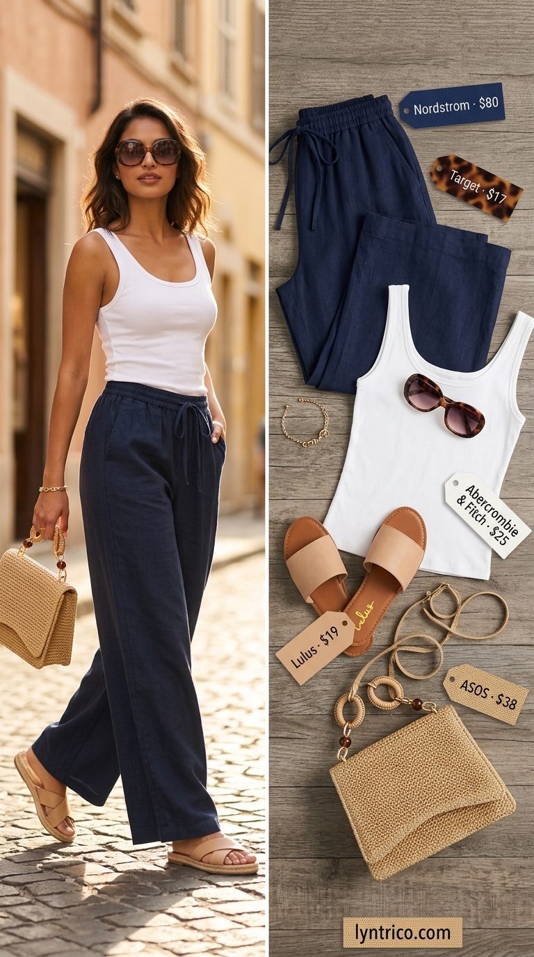 Cute casual summer outfits for women 2026: Navy wide-leg pants, white tank, straw crossbody, round sunglasses for coastal vibes.
