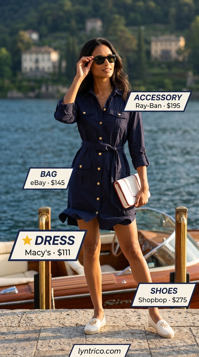 Cute casual summer outfits for women 2026: Navy shirt dress, white espadrilles, red accent bag, wayfarer sunglasses for vacation.