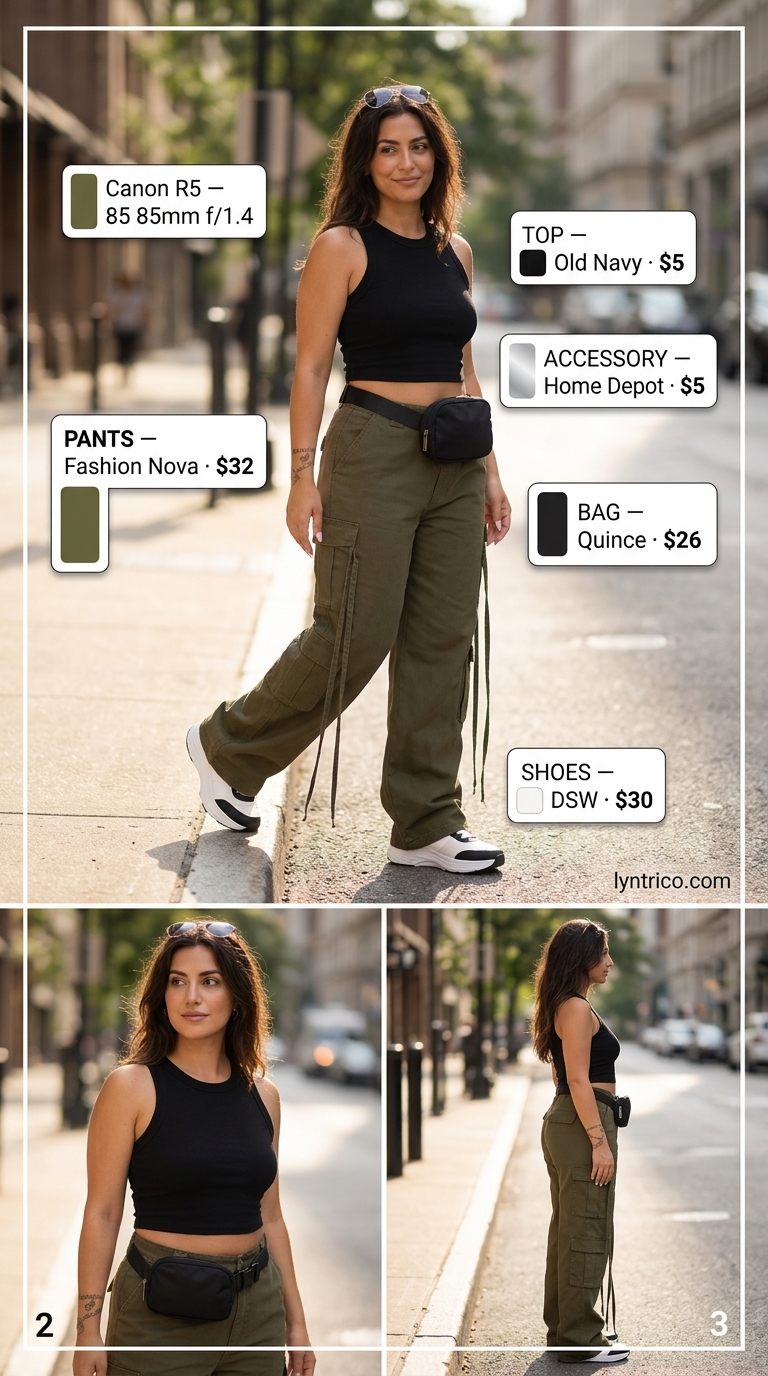 Olive green cargo pants for cute casual summer outfits for women 2026. Sporty chic with crop top and sneakers.
