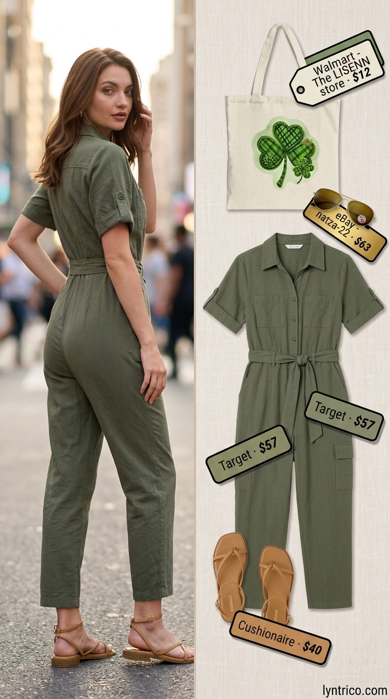 Olive green utility jumpsuit for cute casual summer outfits for women 2026. Urban safari look with chunky sandals.