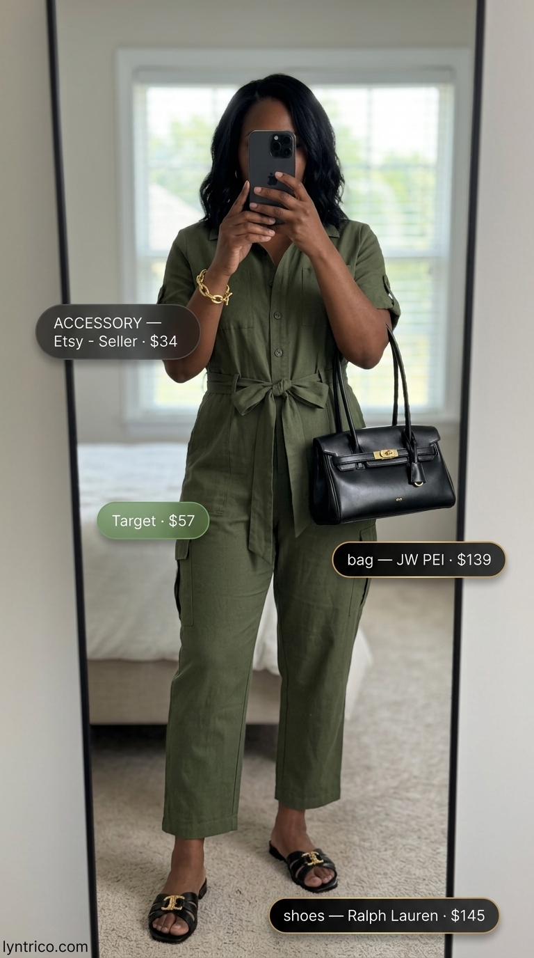 Cute casual summer outfits for women 2026: Olive utility jumpsuit, black slides, gold jewelry, aviator sunglasses for city exploration.