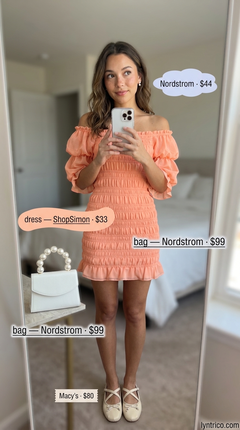 Cute casual summer outfit for women 2026: Peach seersucker mini dress, cream ballet flats, pearl earrings and bag for a garden party.