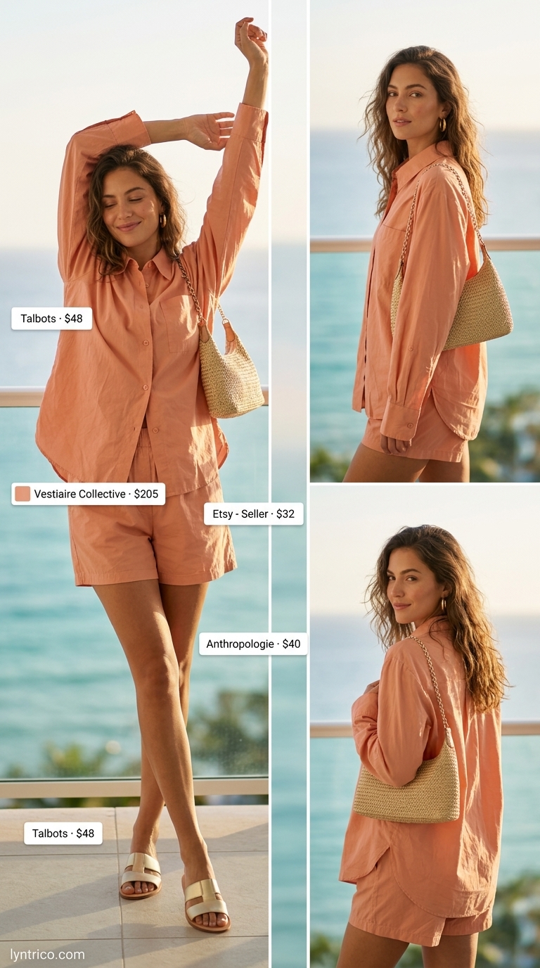 Soft peach matching set for cute casual summer outfits for women 2026. Effortless resort wear with slides.