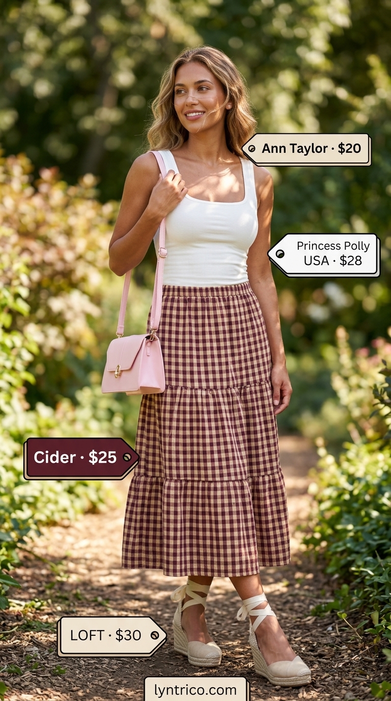 Pink gingham skirt outfit for cute casual summer outfits for women 2026. Charming picnic style with tank top.