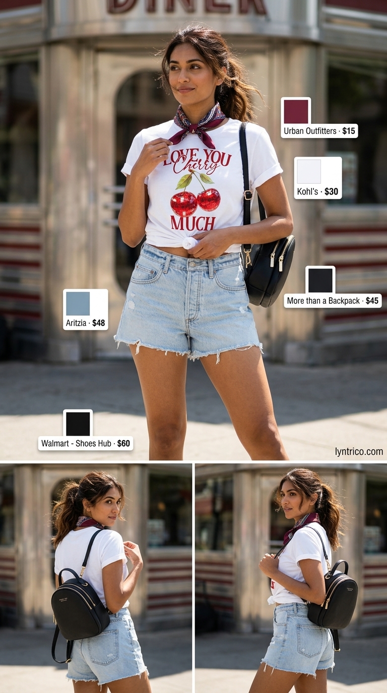 Cute casual summer outfits for women 2026: Denim shorts, graphic tee, bandana, sneakers, mini backpack for a retro diner look.