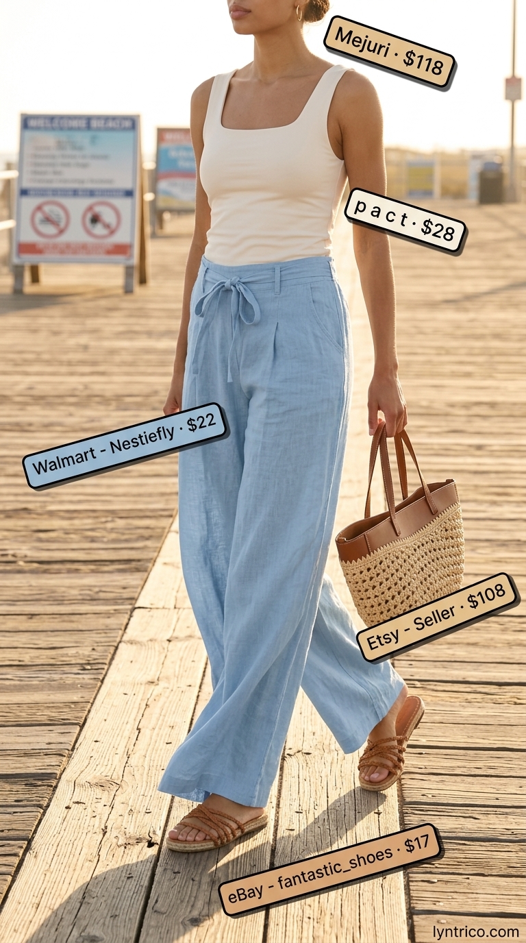 Sky blue linen pants for cute casual summer outfits for women 2026. Coastal cool look with tank and sandals.