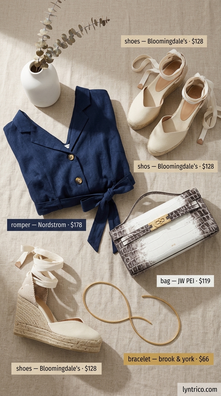 Sky blue romper for cute casual summer outfits for women 2026. Elegant garden party look with espadrilles.