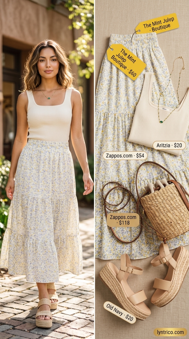 Cute casual summer outfits for women 2026: Yellow floral midi skirt, white ribbed tank, straw bag, espadrilles for brunch.